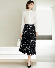Polka Dot Print Silk Midi Skirt, Black And White