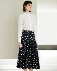 Polka Dot Print Silk Midi Skirt, Black And White