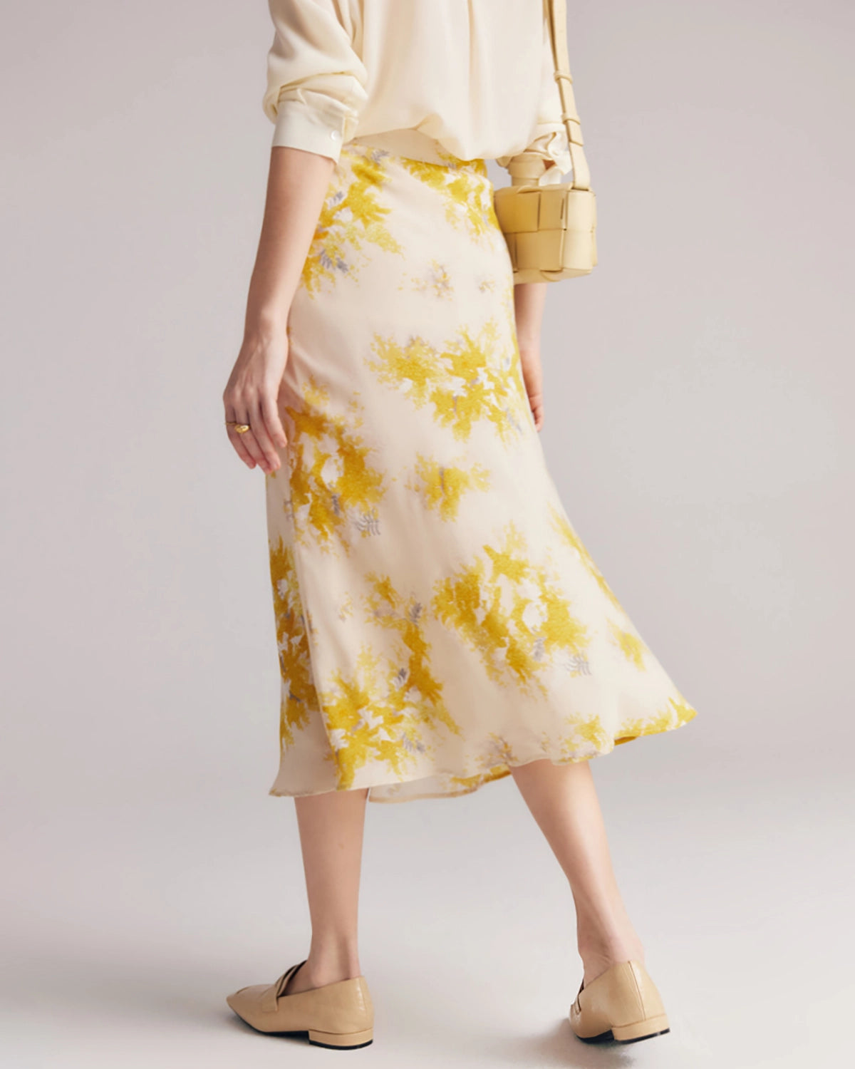 Floral Print Silk Midi Skirt, Yellow