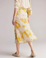 Floral Print Silk Midi Skirt, Yellow