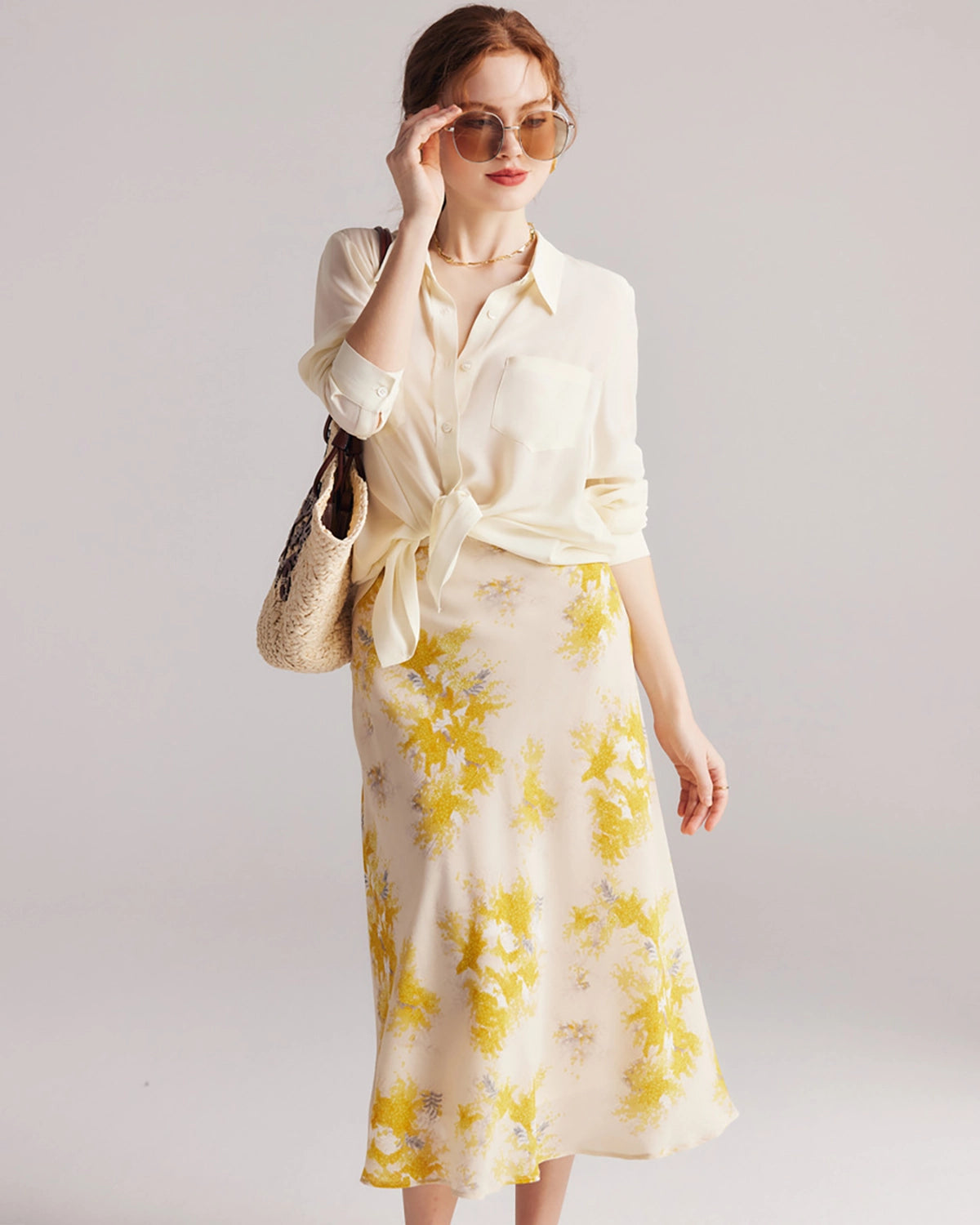 Floral Print Silk Midi Skirt, Yellow