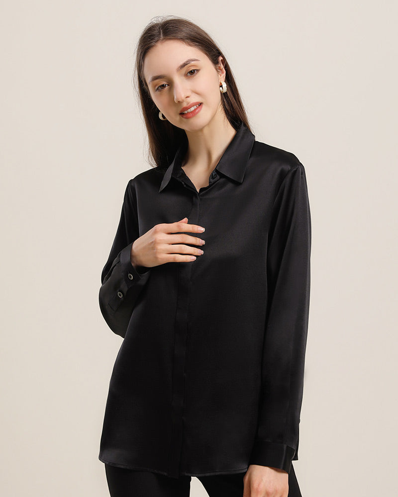 Women's Basic Concealed Silk Shirt Black