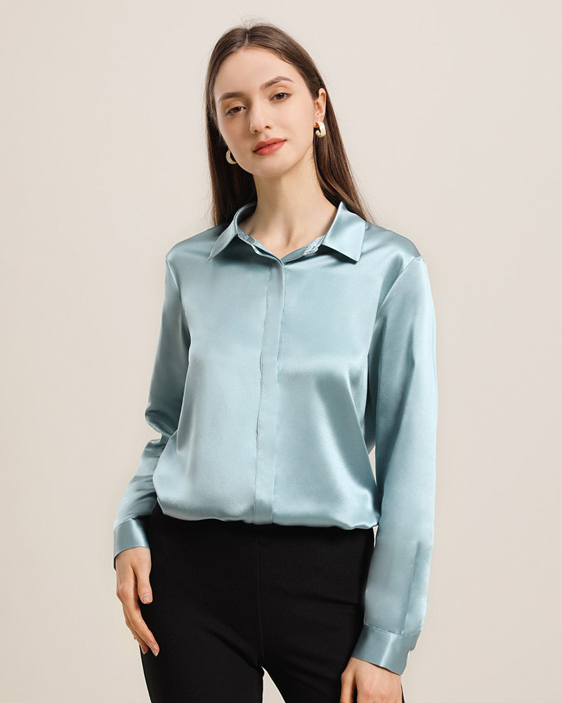 Women's Basic Concealed Silk Shirt Blue