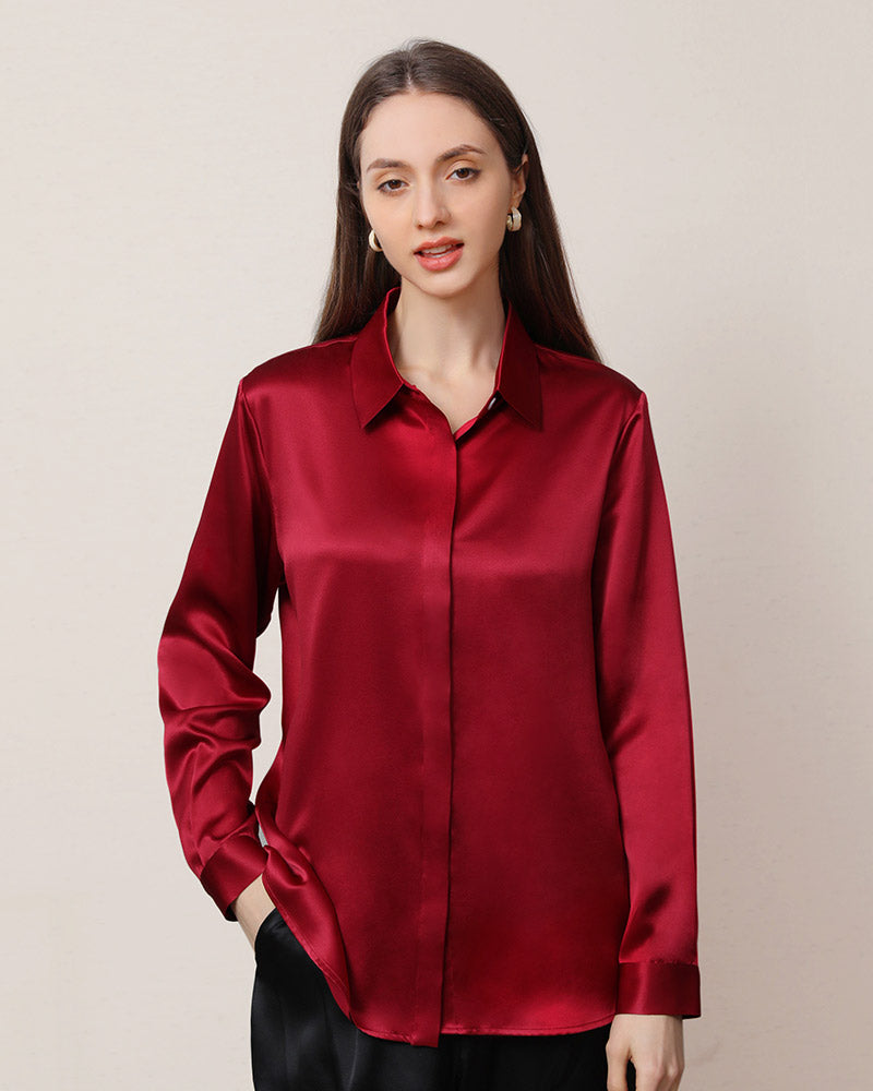Women's Basic Concealed Silk Shirt Burgundy