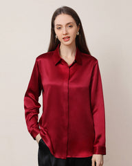 Women's Basic Concealed Silk Shirt Burgundy