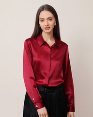 Women's Basic Concealed Silk Shirt Burgundy