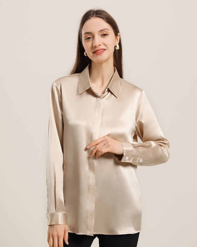 Women's Basic Concealed Silk Shirt Champagne