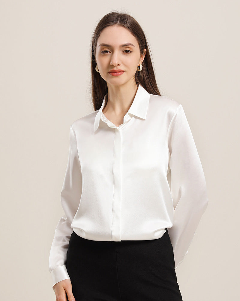Women's Basic Concealed Silk Shirt Ivory