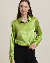 Women's Basic Concealed Silk Shirt, Mustard Green
