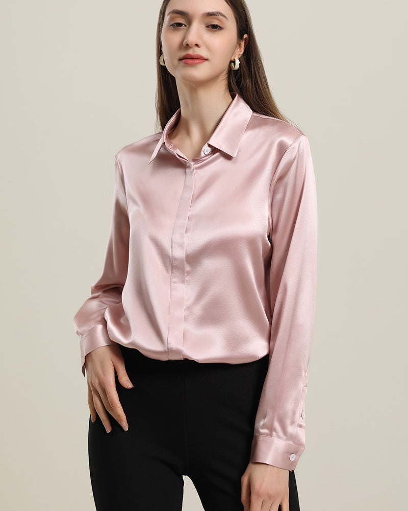 Women's Basic Concealed Silk Shirt Pink