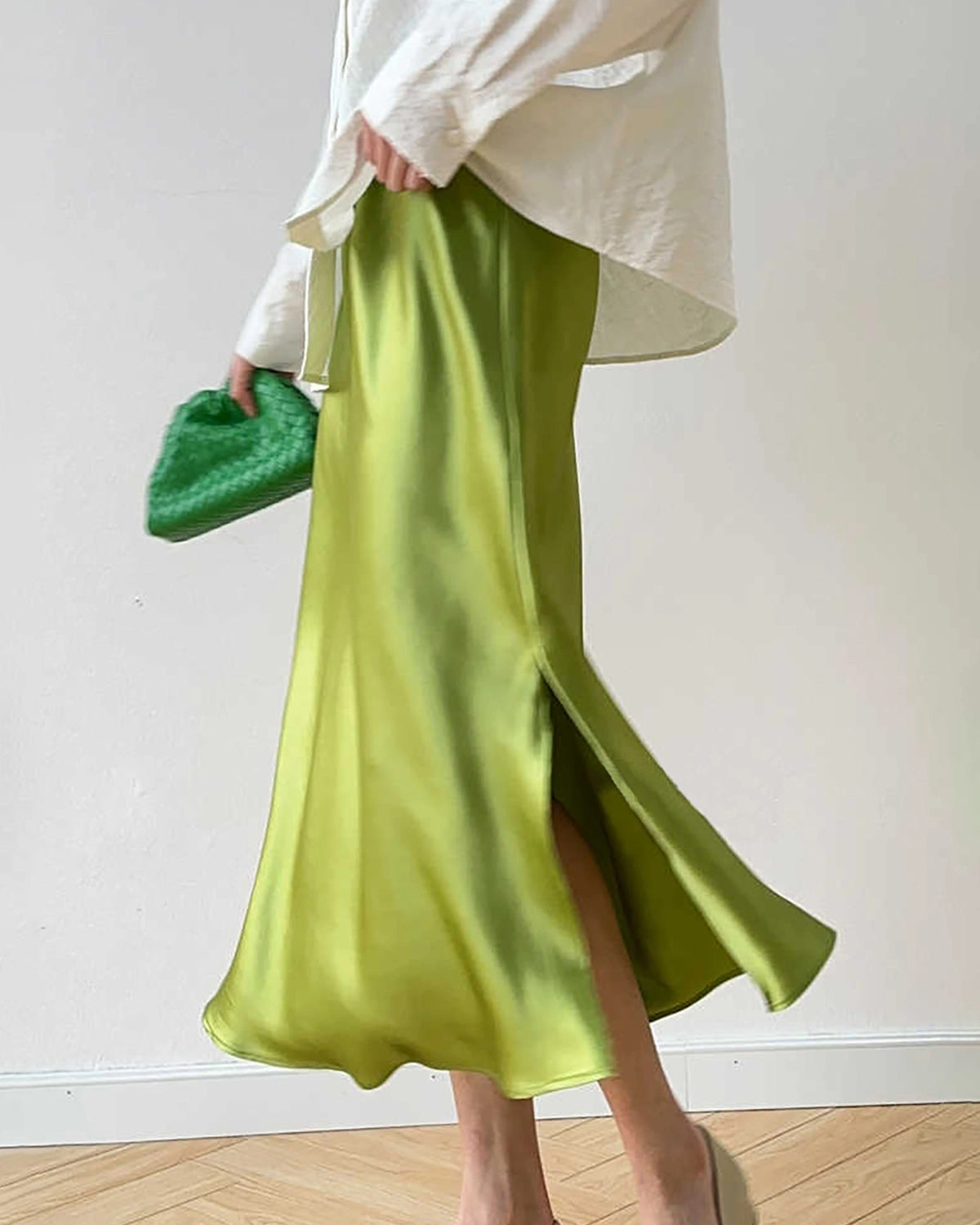 DAISYSILK Slip Skirt Midi Skirt With Slit Green Silk Skirt