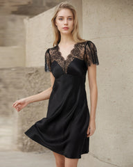 Women's Lace Silk Nightgown, Black