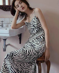 Zebra Print Spaghetti Strap Silk Dress, Black And White