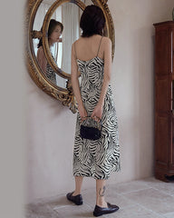 Zebra Print Spaghetti Strap Silk Dress, Black And White