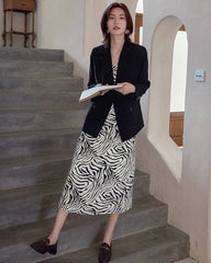 Zebra Print Spaghetti Strap Silk Dress, Black And White