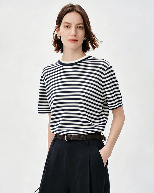 100% Mulberry Silk Jersey Striped T Shirt
