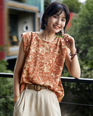 Terracotta Paisley Print Silk Tank Top, Orange and Cream