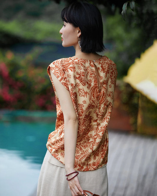 Terracotta Paisley Print Silk Tank Top, Orange and Cream