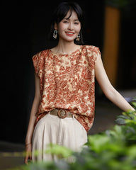 Terracotta Paisley Print Silk Tank Top, Orange and Cream
