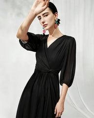 V-Neck Silk Midi Dress with Twist Front Waist