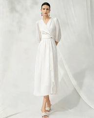 V-Neck Silk Midi Dress with Twist Front Waist