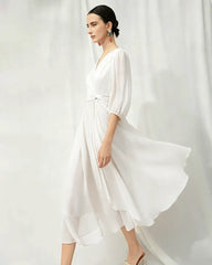 V-Neck Silk Midi Dress with Twist Front Waist