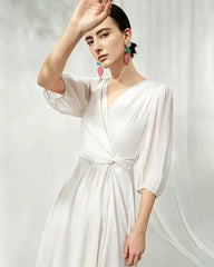 V-Neck Silk Midi Dress with Twist Front Waist