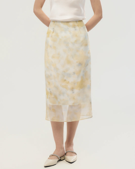 Silk Georgette Watercolor Print Midi Skirt