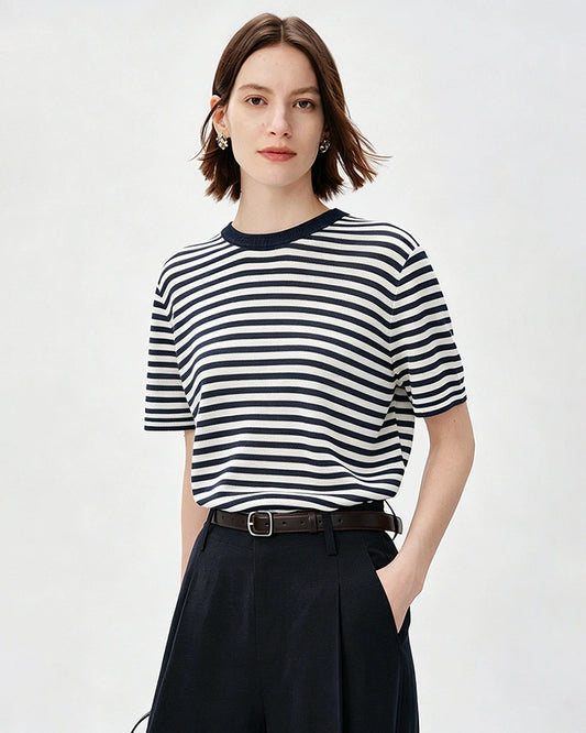 100% Mulberry Silk Jersey Striped T Shirt