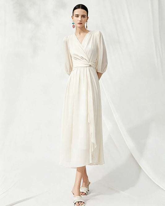 V-Neck Silk Midi Dress with Twist Front Waist