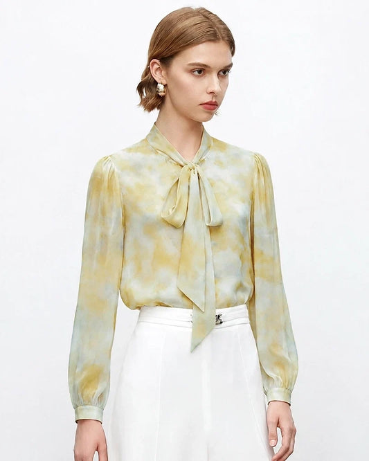 Silk Watercolor Print Tie Neck Blouse