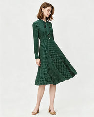 16 Momme Silk Polka Dot Bow Tie Neck Midi Dress