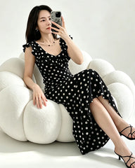 Silk Polka Dot Ruffle Neckline Maxi Dress