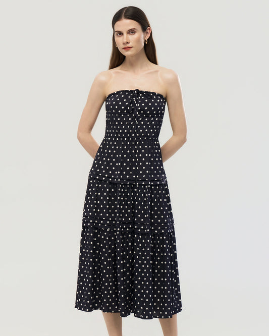 19 Momme Silk Polka Dot Strapless A-Line Midi Dress