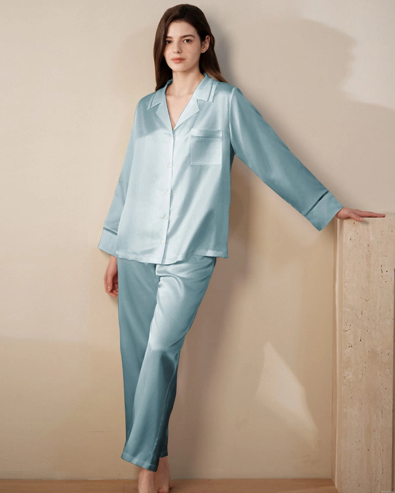 22 Momme Mulberry Silk Pajama Set with Lace Trim - DAISYSILK UK