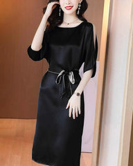Belted Silk Midi Dress with Slit Shoulders, Black
