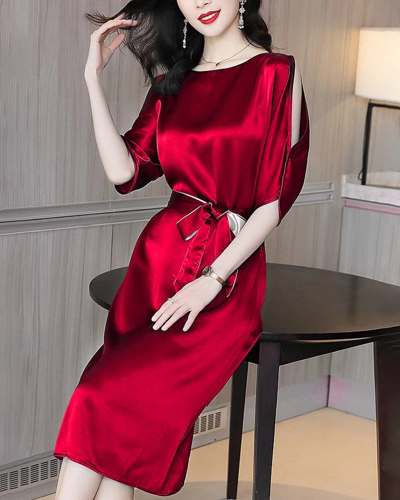 Belted Silk Midi Dress with Slit Shoulders, Burgundy