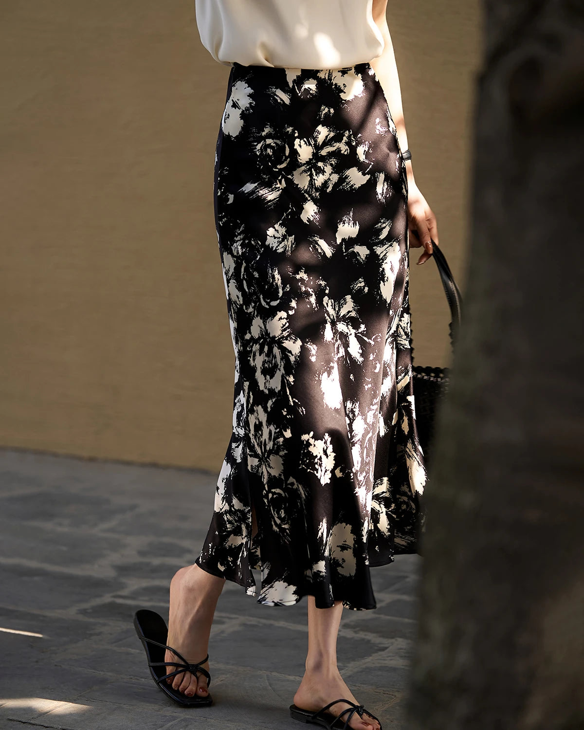 Floral Silk Skirt, Black and White