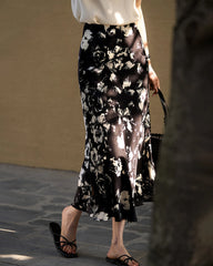 Floral Silk Skirt, Black and White