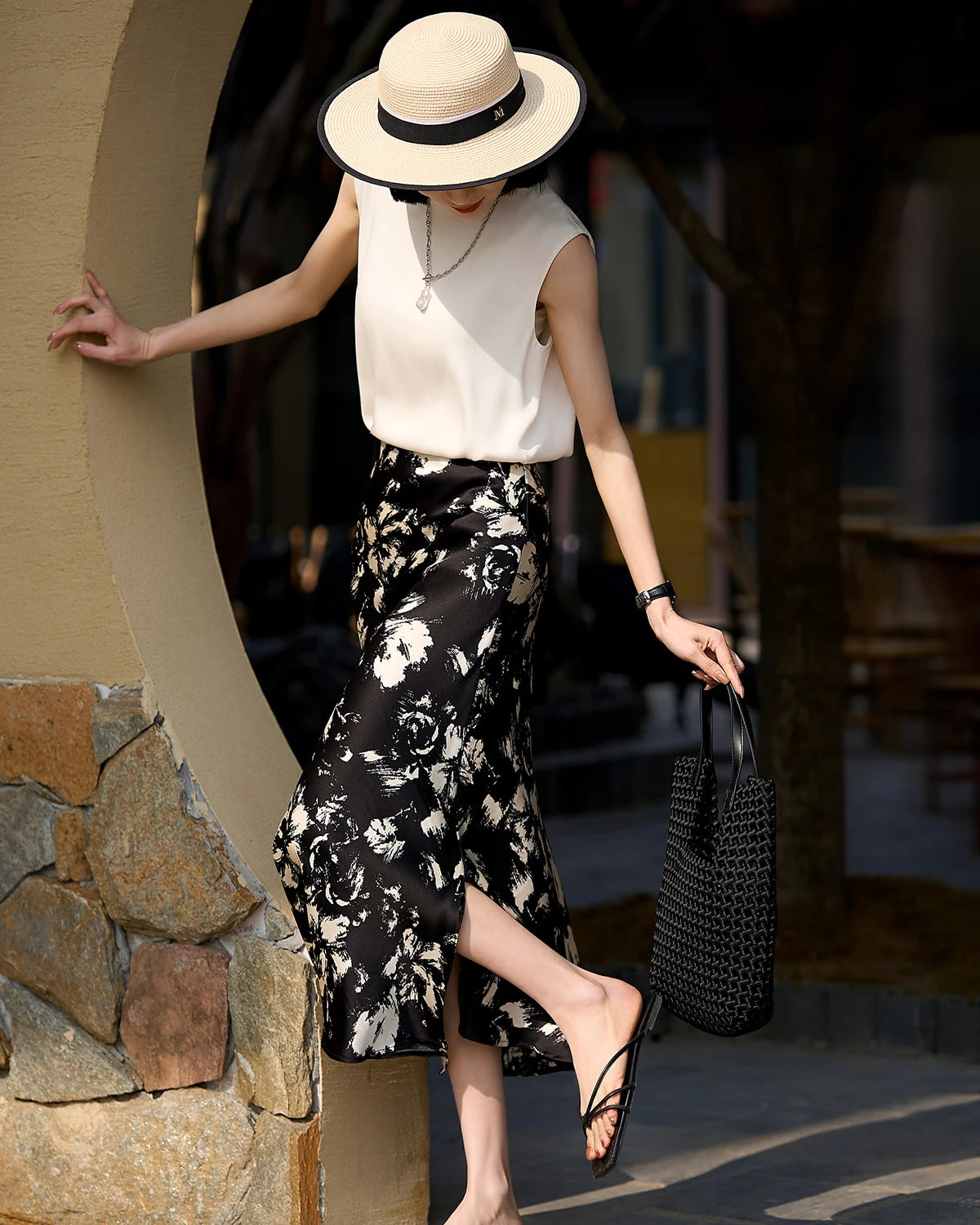 Floral Silk Skirt, Black and White