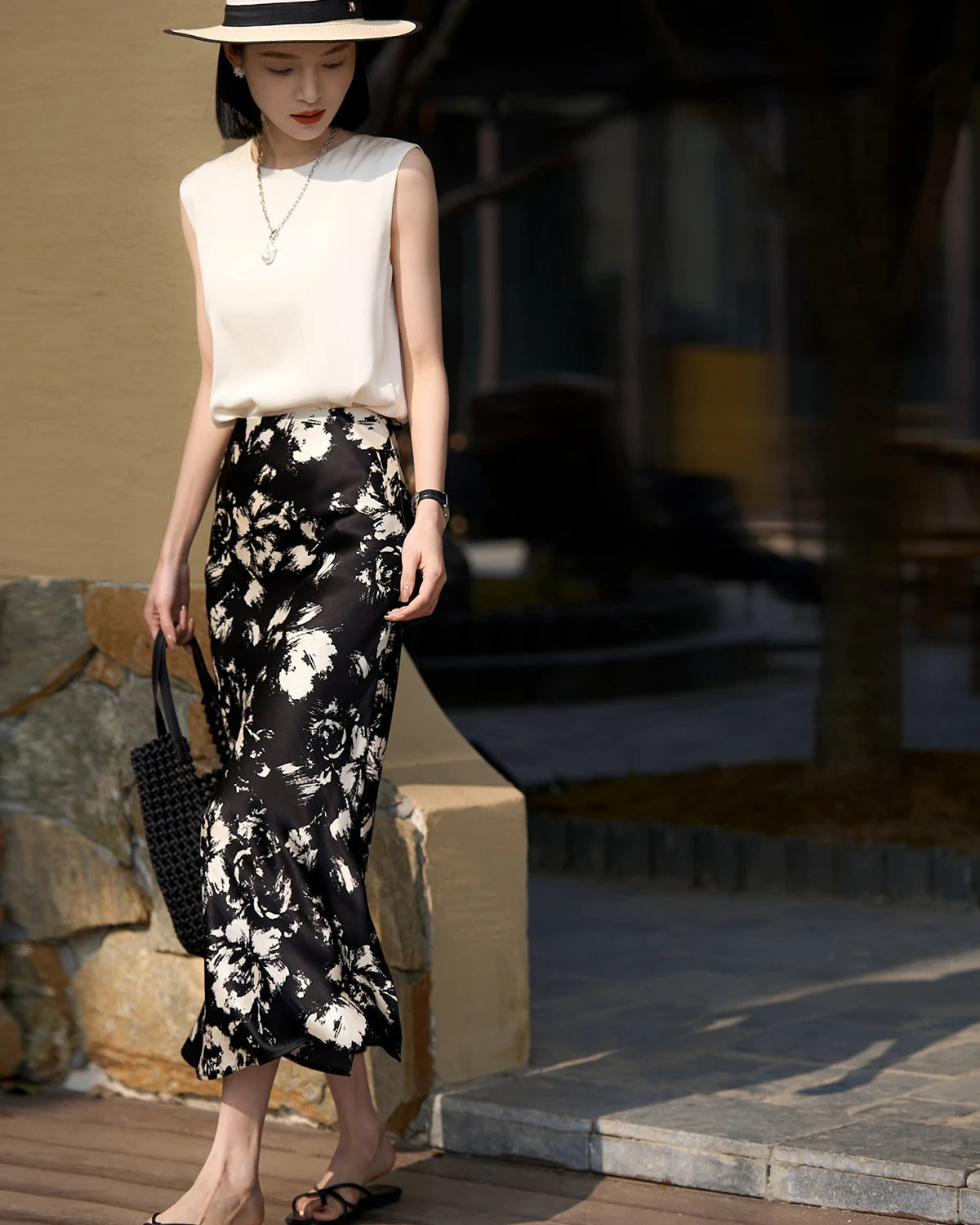 Floral Silk Skirt, Black and White