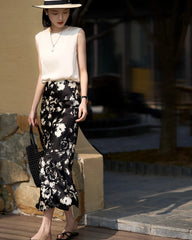 Floral Silk Skirt, Black and White