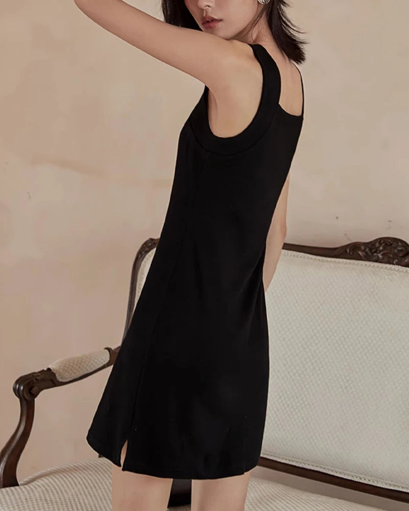 Sleeveless Silk Square Neck Mini Dress, Black