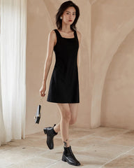 Sleeveless Silk Square Neck Mini Dress, Black