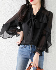 Silk Chiffon Ruffle Sleeve Blouse, Black