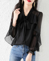 Silk Chiffon Ruffle Sleeve Blouse, Black