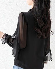 Silk Chiffon Ruffle Sleeve Blouse, Black