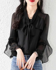 Silk Chiffon Ruffle Sleeve Blouse, Black