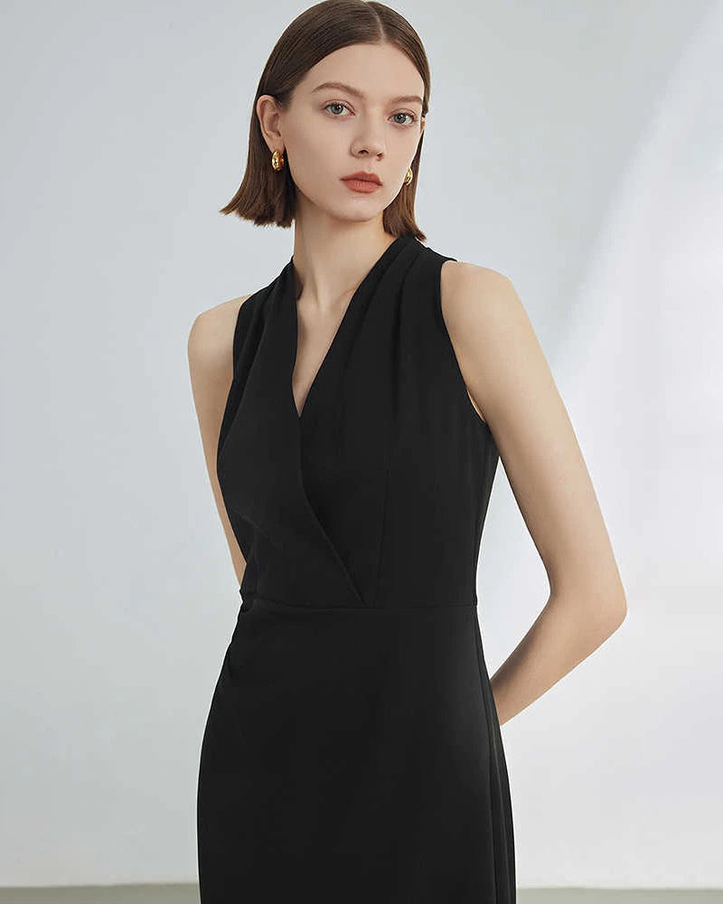 V Neck Silk Sleeveless Midi Dress, Black