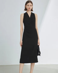 V Neck Silk Sleeveless Midi Dress, Black